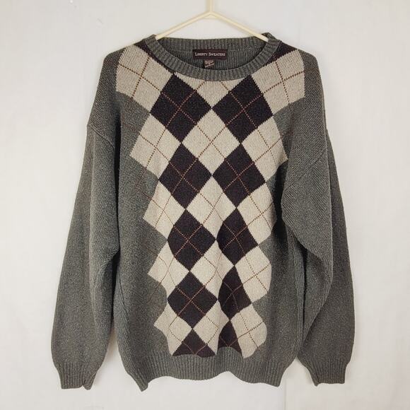 Liberty Sweaters speckled grey argyle sweater Size Med preppy grandpacore retro - Picture 1 of 6